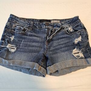 Aeropostale Distressed Rolled-Hem Denim Shorts - Blue